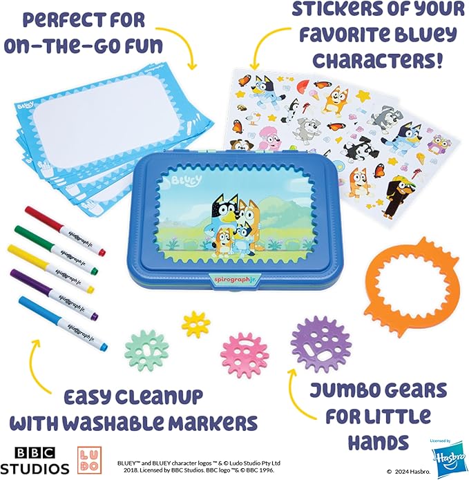Spirograph Jr Bluey Toys - Toddler Arts and Crafts, Drawing Art Kit, Toddler Activities, Bluey Stickers, Drawing Pad, Jumbo Gears, Washable Markers, Unleash Your Child Inner Artist, Ages 3+