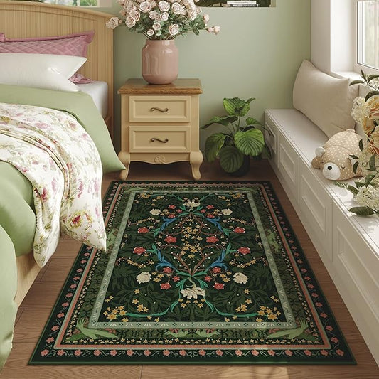 Bedroom Rug 3x5 Rug Washable Area Rug Non Slip Low Pile Vintage Floral Botanical Small Carpet for Bedroom, Bedside, Kitchen, Entryway, Kids Room, Office, Green