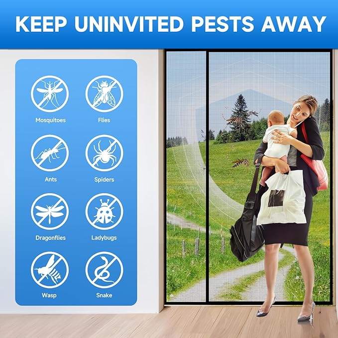 Magnetic Screen Door Mesh Left Right Side Opening Upgraded PET Material Mesh Stronger Than Fiberglass and Polyester,Keep Bugs Out,Pet & Kid Friendly,Hands Free,Fit Door Size 60" X 96"