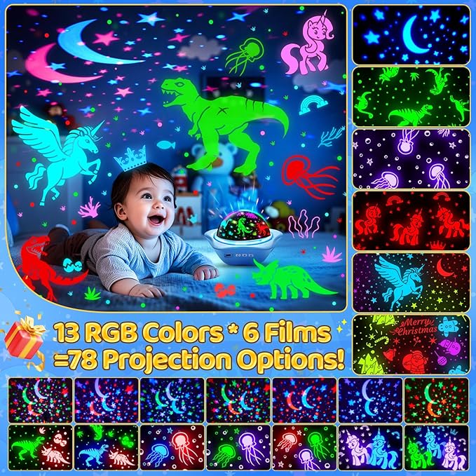 One Fire Night Light for Kids Gifts, 6 Films+78 Lighting Modes Ceiling Star Projector, Rechargeable Night Light Projector, 360°Rotating Star Lights for Bedroom Decor, Sensory Toys for Baby Boy Gifts