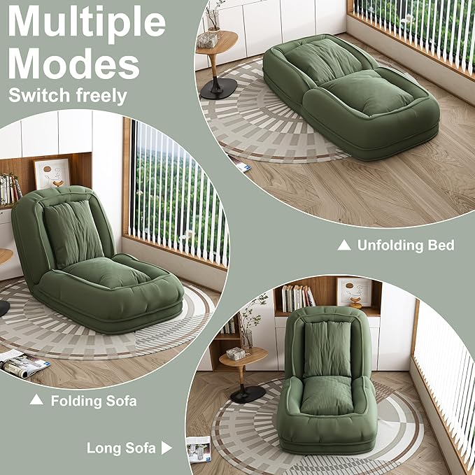 Adjustable 5-Position Human Dog Bed for People, Big Comfy Plush Floor Gaming Lazy Sofa Chair with Pillows & Back Support, Foldable Lounge Loveseat Couch for Living Room Bedroom (Green①)