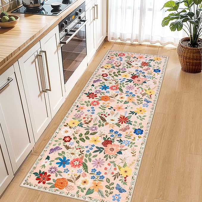 Runner Rug for Entryway: 2x10 Kitchen Rugs Non Slip Washable Ultra-Thin Soft Floral Carpet Indoor Floor Stain Resistant Carpets for Hallway Bedroom Kitchen Laundry Bathroom Dorm Beige