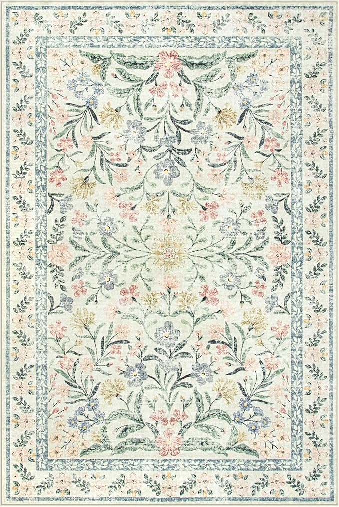 Wonnitar Washable 6x9 Area Rugs, Soft Floral Rug for Bedroom Kids Playroom Light Colored Carpet, Non Slip Ultra-Thin Indoor Beige Carpet for Living Room Classroom Office