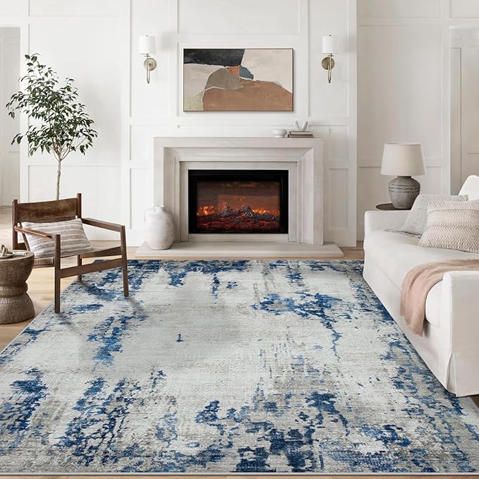 8x10 Area Rugs for Living Room Rug Washable: Modern Large Rug for Dining Room Bedroom Carpet Non Slip 8 by 10 Indoor Abstract Nursery Home Office Blue White