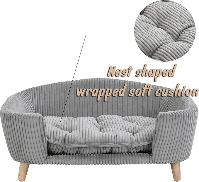 30''inch Bed Frame for Large Dogs, Modern Pet Sofa, Elevated Dog Couch Bed with Wooden Legs, Oval Small Dog Bed, Cozy Tufted Cushion Pet Furniture (Grey)