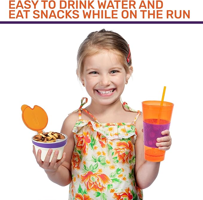 2 in 1 Snack Drink Cup Kids Spill Proof Tumbler Plastic Straw Lid Locks 16 Oz
