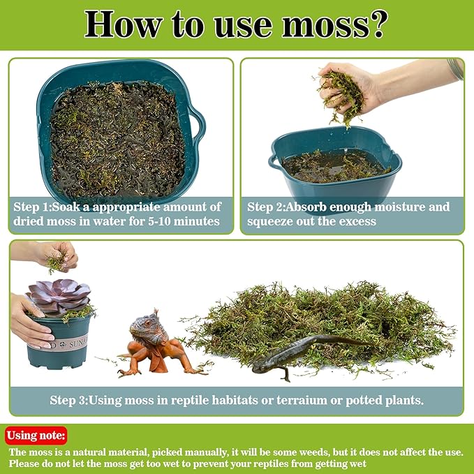Sphagnum Moss for Reptiles - 7 Oz Reptile Moss Peat Terrarium Moss Bedding Reptiles Lizard Substrate for Reptile Tank, Snake, Leopard Gecko, Ball Python, Crested Gecko, Turtle, Frog, Hamster