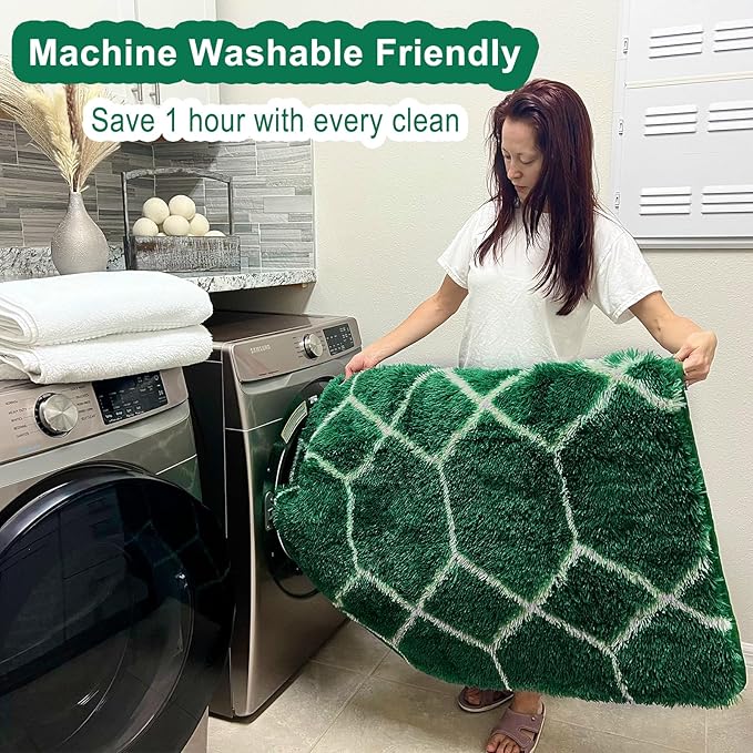 ONASAR Area Rugs for Living Room Bedroom, 5x8 Washable Fluffy Dark Green and White Rug, Geometric Boho Soft Plush Shaggy Fuzzy Floor Carpet for Nursery Kids Girls Boys Teen Dorm Home Decor Aesthetic