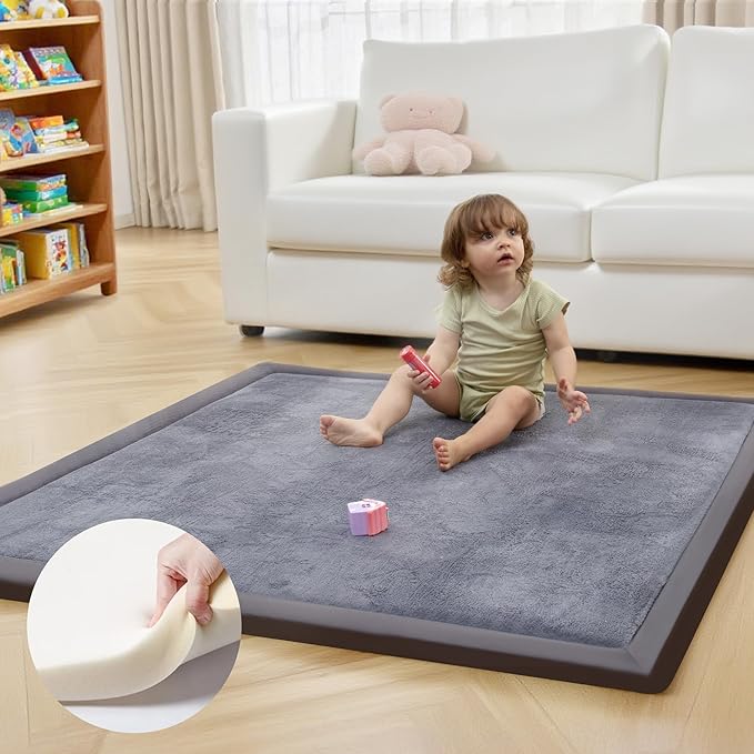 ACOMOPACK Baby Play Mat for Floor 1.3" Thick Memory Foam 50x50 Soft Velvet Playpen Mat for Kids,Infants,Toddlers,Tummy Time Crawling Mats with Non-Slip Bottom,Yoga,Tatami,Nursery Rug（Dark Grey）