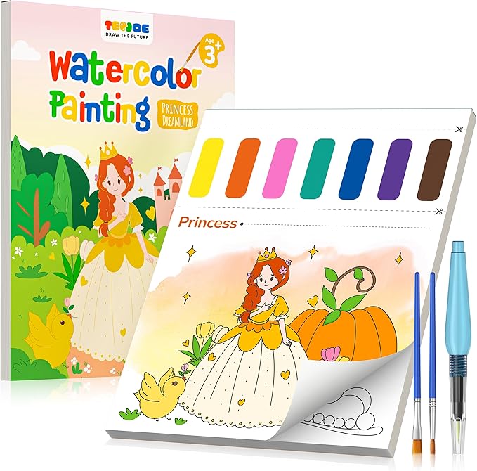 TECJOE Paint with Water Coloring Books for Toddlers, Princess Series Watercolor Set with 3 Brushes, Mess Free Painting Activity for Kids Ages 4 5 6 7 8, Arts & Crafts Toy