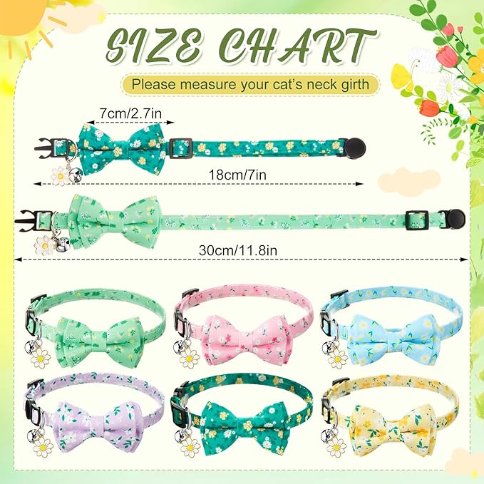 Hsei 6 Pcs Spring Cat Collars Bulk with Bow Tie Bell Breakaway Flowers Floral Daisy Kitten Adjustable Safety Bowtie Cute Collars for Small Dogs Pet Holiday Party Favors Gifts