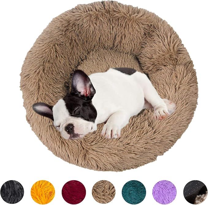 huraty Pet Dog Bed Plush Calming Bed, Fluffy Donut Round Pet Beds for Small Medium Large Dogs Cats, Anti-Slip & Anti-Anxiety, 28 Inch for Puppy and Kitties, Khaki, L