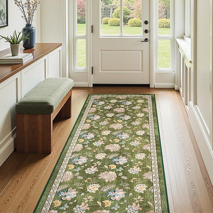 jinchan 3x10 Floral Runner Rug for Hallway Washable Kitchen Runner Vintage Romance Design Non Slip Thin Indoor Floor Cover Low-Profile Throw Carpet for Entryway Bathroom Bedroom Porch, Green