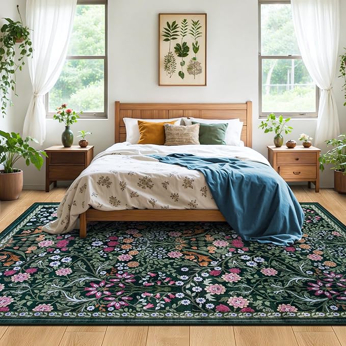 10x12 Area Rugs for Living Room: Floral Washable Rug Vintage Large Soft Boho Non-Slip Carpet Stain Resistant Low Pile Carpets for Bedroom Dining Room Farmhouse Nursery Hallway Home Office Dark Green