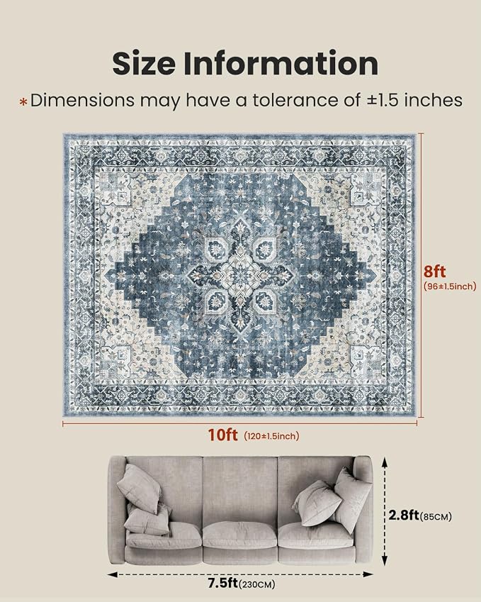 AMADA HOMEFURNISHING 8x10 Washable Area Rug, Low-Profile