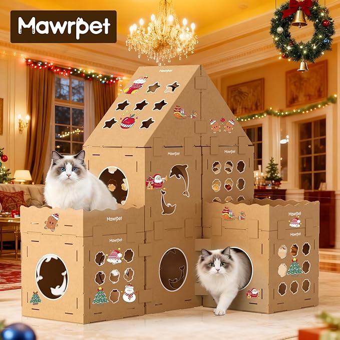 DIY Cardboard Cat House with Scratching Pad, Cat Tower Indoor Play House, Versatile Cardboard Cat Tunnel Box for One or More Pets, Indoor Use Rabbit Hideout Cave Castle Brown, 6 Parts