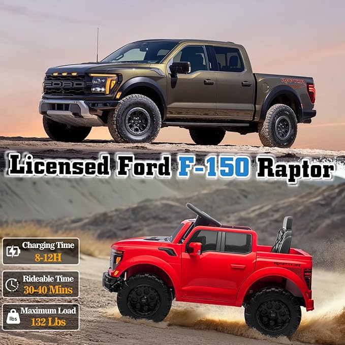 12V Ride on Car Licensed Ford F-150 Raptor, Kids Electric Car with Remote Control, LED Light/Music/MP3, Truck Bed Storage, 3-Point Seat Belt (12V, Red)
