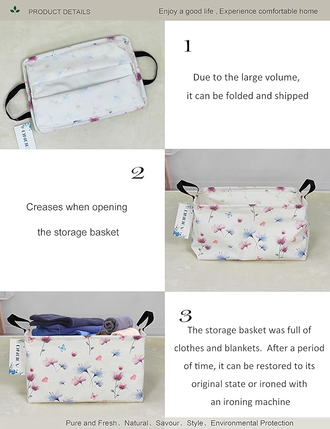 Rectangular Folding Laundry Basket,waterproof Canvas Basket,gift basket,Suitable for children's room,Office,Clothes,Toys Storage(Watermark flower)