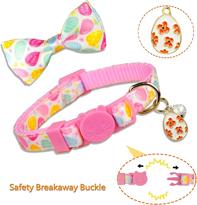 2 Pack Easter Cat Collar with Bowtie Adjustable Cute Kitten Collars for Easter Holiday Bunny and Egg Design with Decorative Charms