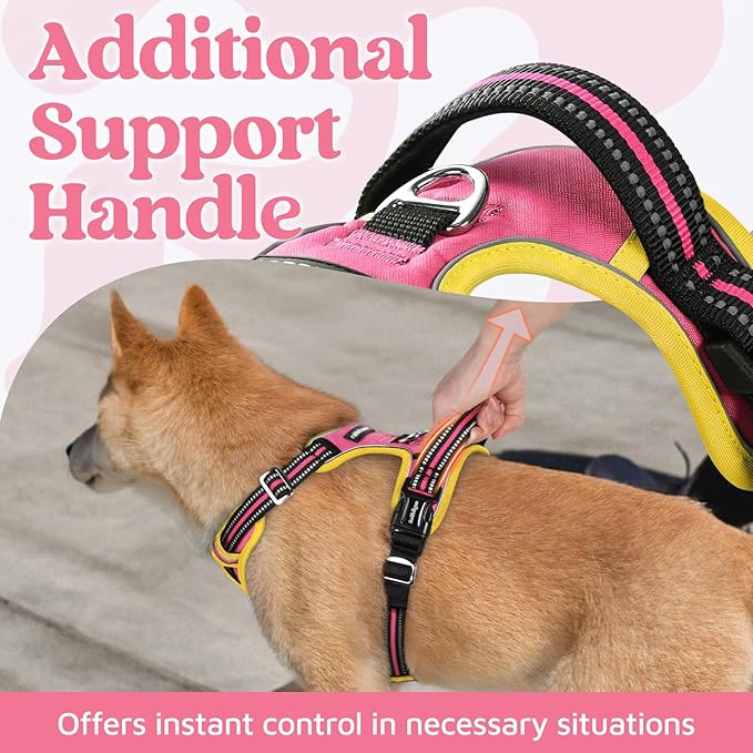 rabbitgoo Dog Harness for Large Dogs, No Pull Pet Vest with 3 Buckles, Adjustable Soft Padded Pet Harness with Easy Control Handle and Reflective Strips, Pink & Yellow, L