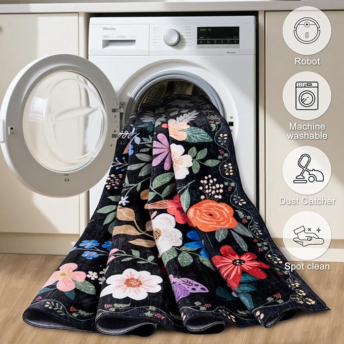 10x14 Area Rugs for Living Room: Floral Washable Rug Vintage Large Soft Boho Non-Slip Carpet Stain Resistant Low Pile Carpets for Bedroom Dining Room Farmhouse Nursery Hallway Home Office Black