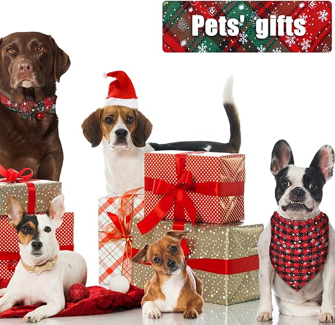 4 Pieces Christmas Dog Bandanas and Collars Set Xmas Christmas Classic Plaid Dog Neck Tie Triangle Bib Scarf Kerchief Adjustable PET Bow Tie with Safety Bell Costume for Cat(L,Stylish Style)