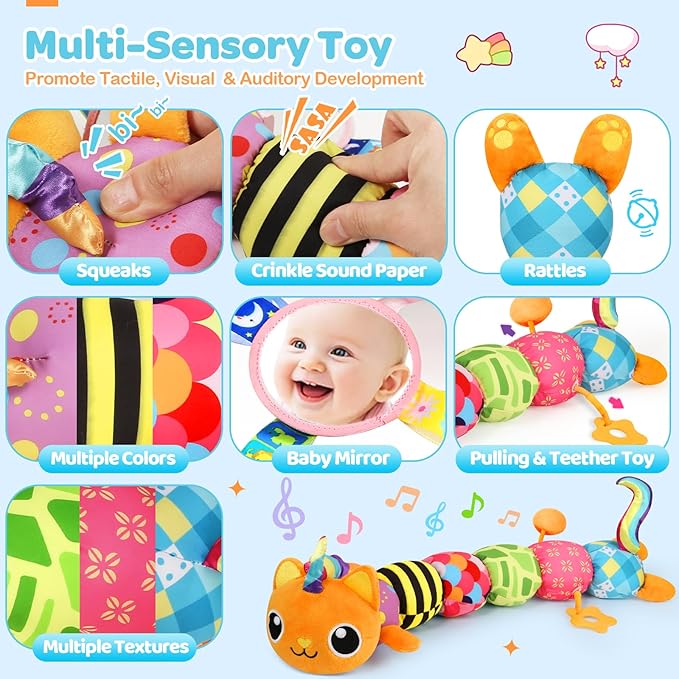 Baby Toys 0-6 6-12 Months, Sensory Musical Animal Stuffed Toy for Infant 0-3 3-6 Months, Tummy Time Toys with Mirror Crinkle Rattle, Plush Unicorn Cat Toy Gifts for 0 1 2 3 4 5 6+ Months Boys Girls