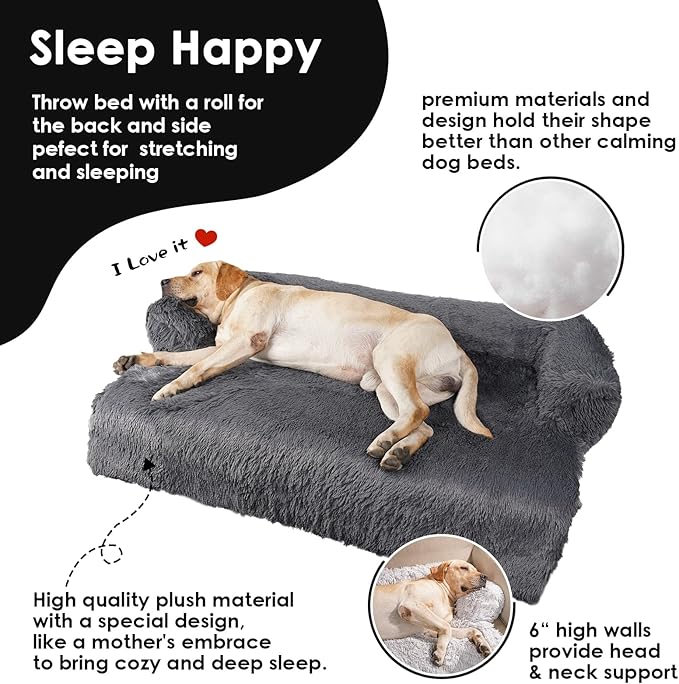 Large Washable Removable Calming Dog Bed,Fluffy Plush Dog Couch Bed,Couch Cover for Dogs with Dogs Landing Furniture Protector,Dog Beds for Large Dogs and Cats.(L(41x37x6),Dark Grey)