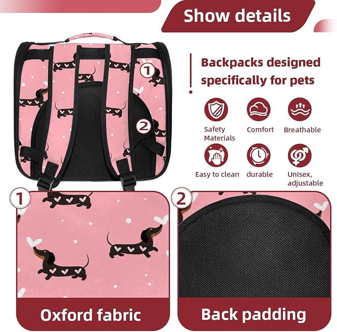Dachshund Dogs and Hearts Pet Travel Carrier Soft Sided Portable Bag for Cats, Small Dogs, Kittens or Puppies
