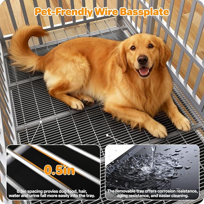 48 Inch Heavy Duty Dog Crate, Indestructible Escape-Proof Dog Kennel for High Anxiety Large Dogs, Strong Metal Pet Cage with Double Doors, Lockable Wheels & Removable Tray, XL XXL XXXL