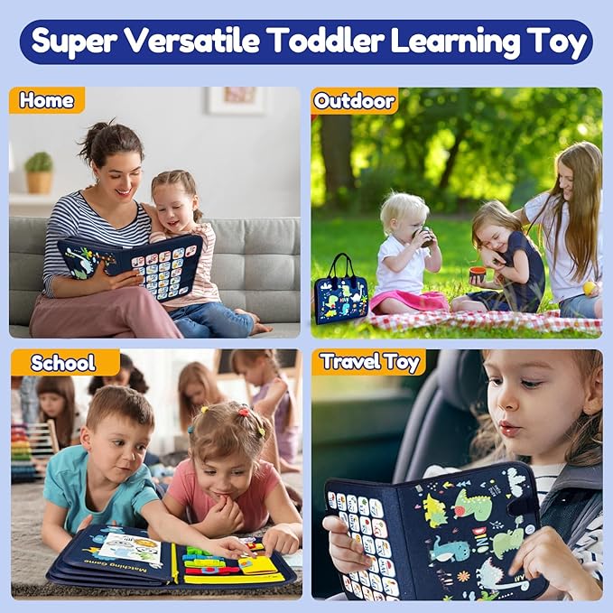 Qizfun Busy Board Book Montessori Toys for 1 2 3 4 Year Old, Boy Birthday Gifts, Educational Sensory Learning Toys for Toddlers 1-3, Car Airplane Travel Activities for Kids Ages 2-4 Year Old