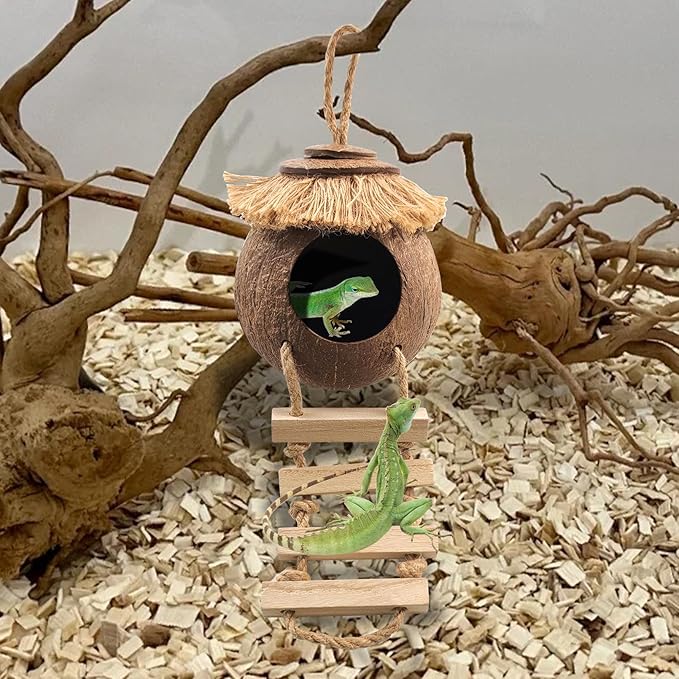 Crested Gecko Tank Accessories Coconut Hide with Ladder,Leopard Gecko Coconut Hut Hideout Hanging Lizard Seagrass Hammock Dragon Cage Lounger Jungle Vine Flexible Leaves Reptile Tank Decor
