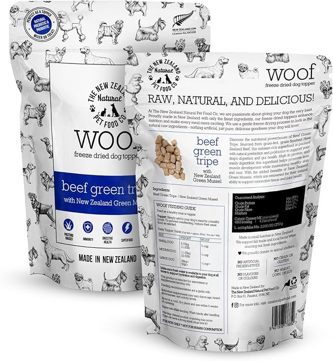 The New Zealand Natural Pet Food Co. WOOF Freeze Dried Dog Topper – Beef Green Tripe, High Protein, Digestive Support, Topper or Treat – 6.3 oz