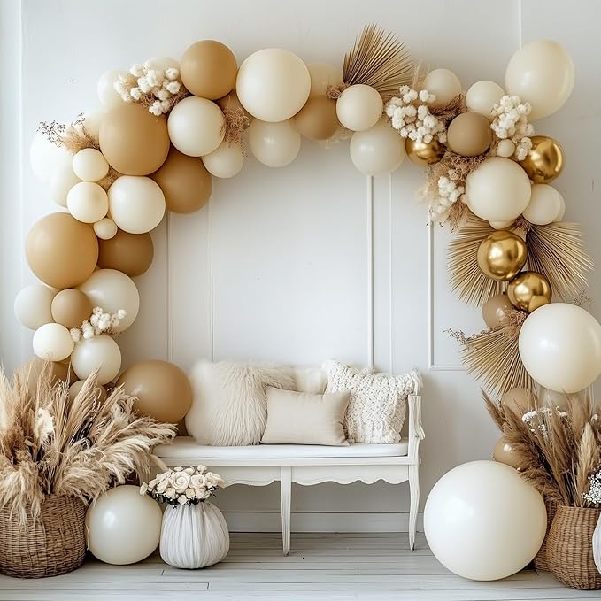 RUBFAC 129pcs Light Brown Balloons Different Sizes 18 12 10 5 Inch Latex Tan Balloon Kit for Birthday Party Baby Shower Wedding Anniversary Decoration