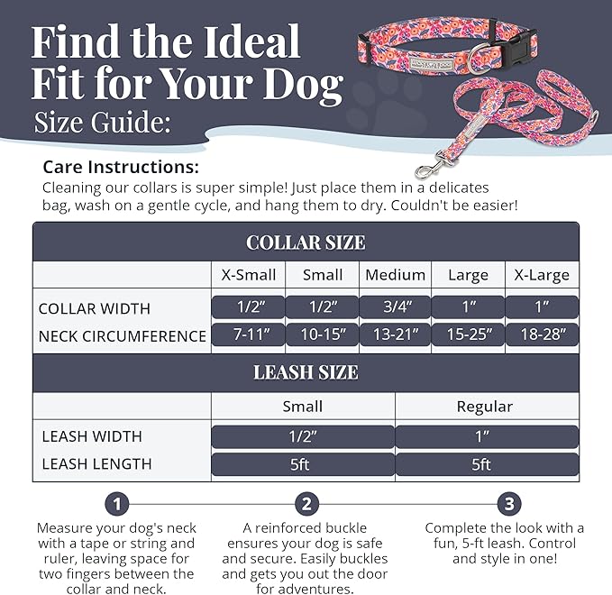Lucky Love Dog - Easy Click Buckle Dog Collar with Leash Set Combo, Durable & Comfortable for Male & Female Dogs, Pet Collar for Large Dogs, Secure Fit - Floral Rosie Combo, Large