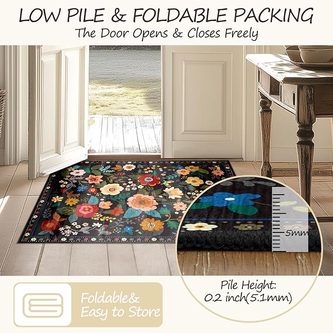 Floral 8ft Area Rug Machine Washable Soft Print Boho Carpet Non Slip Doormat Low Pile Flower Area Rugs for Living Room Bedroom Nursery Kitchen Dining Room Indoor-Black