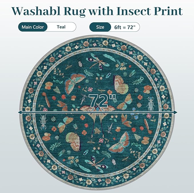 6ft Washable Round Rug - Bug Rugs for Living Room Non-Slip Low Pile Soft Ultra-Thin Machine Washable Circle Carpet for Bedroom, Entryway, Nursery, Kitchen, Home Office (6' Round Teal)