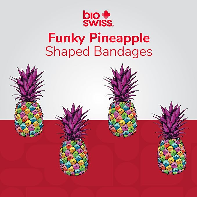 BioSwiss Bandages, Funky Pineapple Shaped Self Adhesive Bandage, Latex Free Sterile Wound Care, Fun First Aid Kit Supplies for Kids, 24 Count