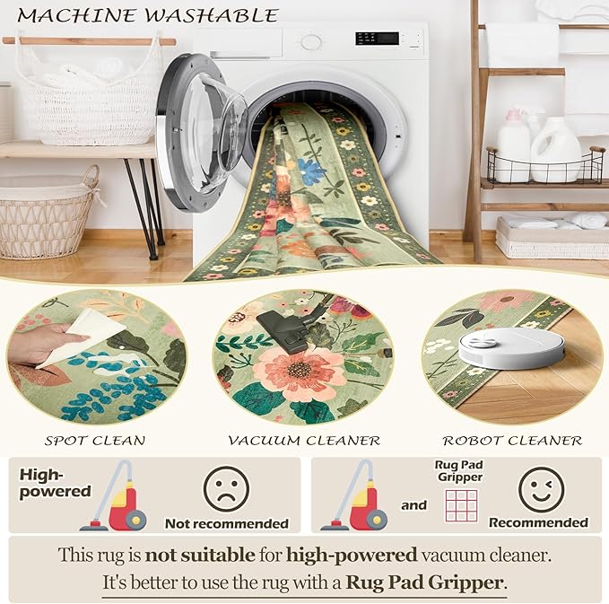 Floral 6x9 Area Rug Machine Washable Soft Print Boho Carpet Non Slip Doormat Low Pile Flower Area Rugs for Living Room Bedroom Nursery Kitchen Dining Room Indoor-Light Green
