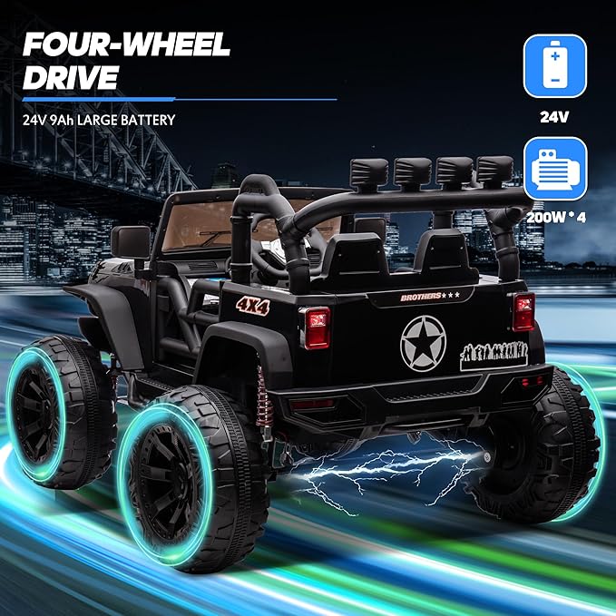 24V 9Ah Ride on Toy for Big Kids, 4WD 2 Seater Ride on Car Truck with Remote Control, 4x200W Motor - Black