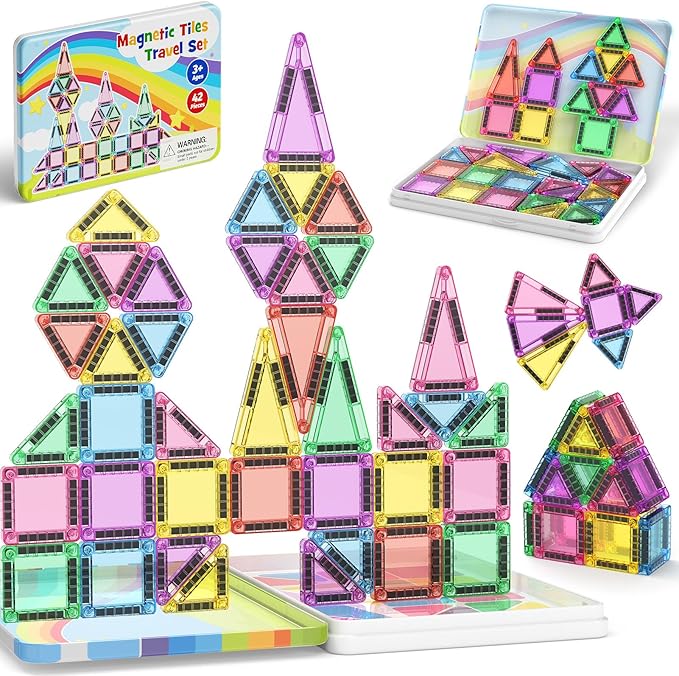 Magnetic Tiles Travel Toys for Kids 4-8, 42PCS Candy Color STEM Building Blocks with Visual Storage Guide & Metal Case, Airplane Activities & Toddler Travel Essentials Ages 3-5