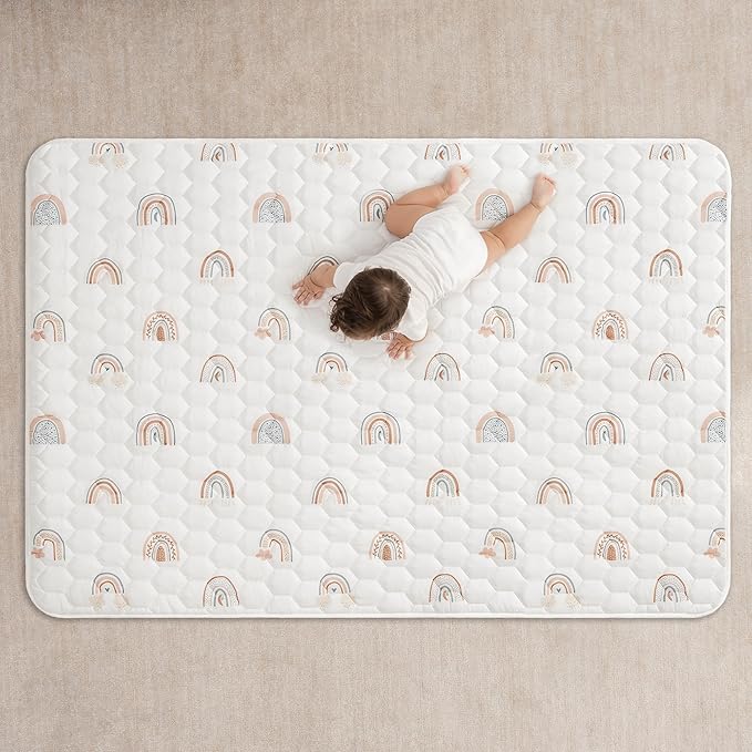 Comfy Cubs Rectangle Kids Play Mat - Medium 48 x 72 inches Soft Quilted Baby Floor Mat with Non-Slip Bottom - Plush Design for Toddlers Playtime and Relaxation - Comfortable and Durable - Rainbow
