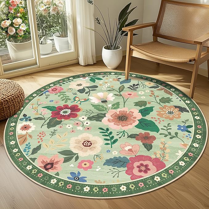 Floral 6ft Area Rug Machine Washable Soft Print Boho Carpet Non Slip Doormat Low Pile Flower Area Rugs for Living Room Bedroom Nursery Kitchen Dining Room Indoor-Light Green