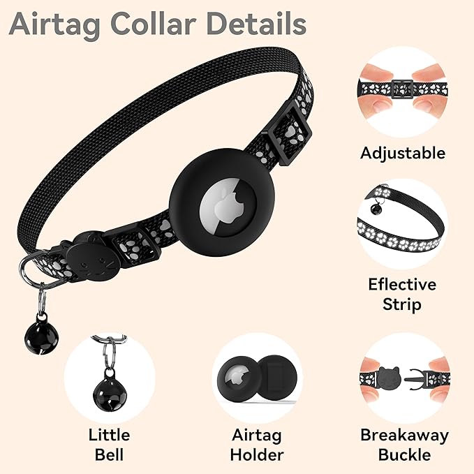 Vanjua 2 Pack Airtag Cat Collar Breakaway with Bell, Reflective Kitten Collar with Air Tag Cat Collar Holder Case for Girl Boy Cats, Pet Supplies Accessories (Black A+Black B)