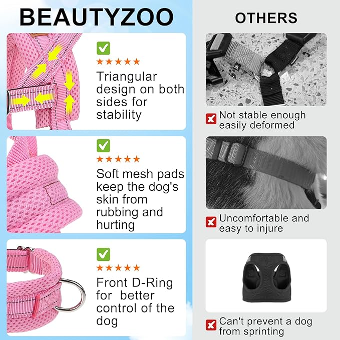 BEAUTYZOO Dog Harness Small Sized Dogs,2.0 Upgraded No Pull Front Adjustable Dog Harness and Leash Set,Escape Proof Soft Puppy Vest with Handle,Reflective Lightweight Step in Harness for Girl Boy Dogs