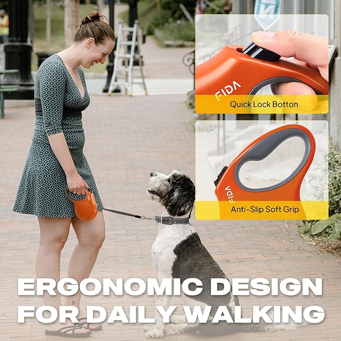 Fida Retractable Dog Leash, 16 ft Dog Walking Leash for Medium Dogs up to 44lbs, Tangle Free, Orange