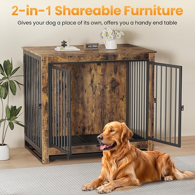 Dog Crate Furniture, 42 Inch Indoor Large Dog Kennel for Medium to Large Dogs Up to 70 LBS, Heavy Duty Wooden Pet Cage End Table with 3 Doors, Alloy Steel Frame & Removable Tray