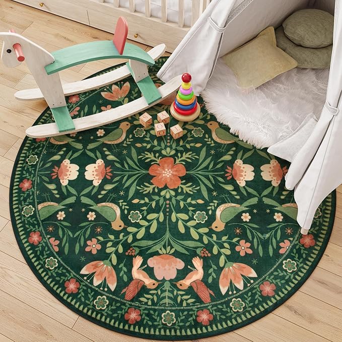 Moynesa Machine Washable Round Rug, 6ft Circle Area Rug for Living Room Non Slip, Ultra Thin, Soft, Indoor Boho Bird Dark Green 6'x6' Carpet for Bedroom Office Under Table Kid Playroom