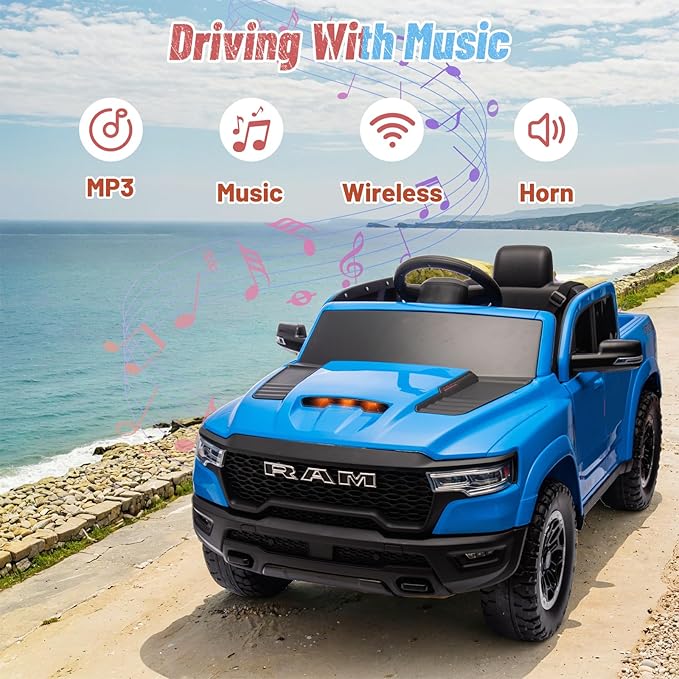 Licensed Ram 1500 Ride on Toys for Kids 4-8, Ride-on Electric Car for Kids with Remote Control, Battery Powered with Car Key/Gear Selector, LED Light/Music/MP3, Back Storage (Blue)