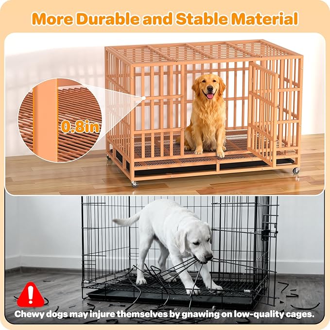48 Inch Heavy Duty Dog Crate, Indestructible Escape-Proof Dog Kennel for High Anxiety Large Dogs, Strong Metal Pet Cage with Double Doors, Lockable Wheels & Removable Tray, XL XXL XXXL
